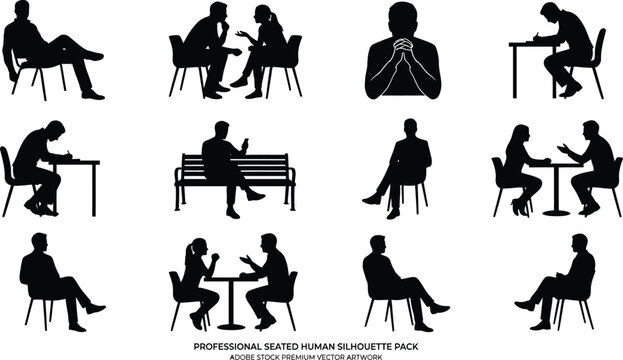 People silhouettes engaged in professional meetings and daily seated activities offer a comprehensive set for corporate presentations.