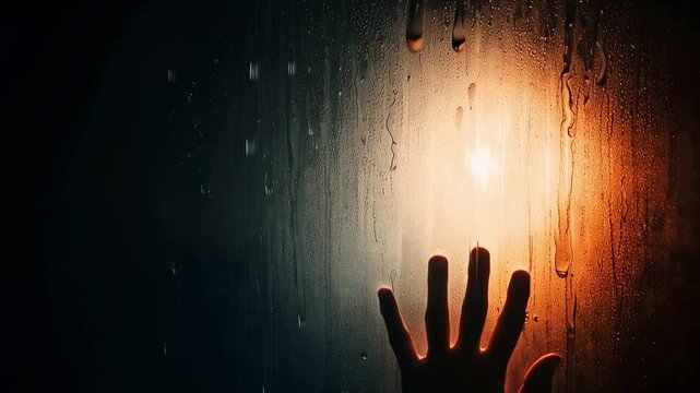 Mysterious silhouette behind fogged glass with dramatic light creating suspenseful horror atmosphere