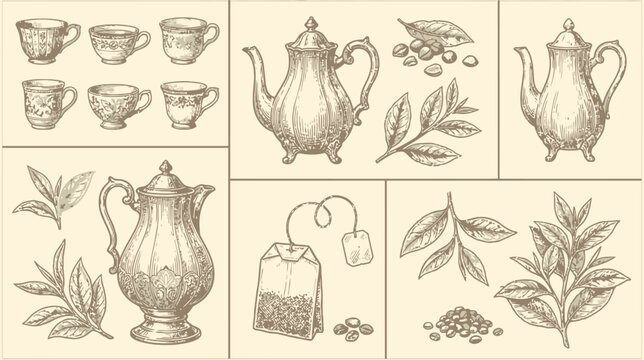 Vintage botanical engraving collection featuring a teapot porcelain cup dried tea leaf brewing bag and seedling seeds in detailed retro sketch style for organic herbal beverage design elements.