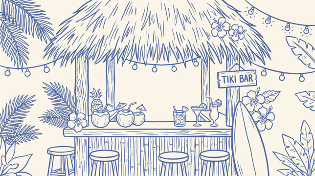 Tropical Tiki bar shack with exotic thatched straw roof handdrawn vintage sketch style beach hut pub illustration summer vacation paradise vibe Polynesian island architecture vector