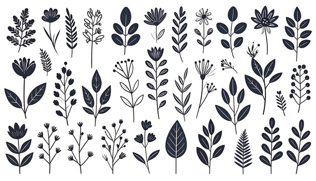 Collection of dark blue pixel art botanical elements, rustic leaves and flowers, simple flat design, isolated on white
