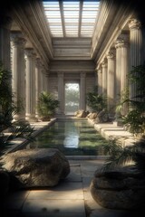 Fototapeta premium Space universe exploration, fantasy. A detailed, realistic portrayal of an ancient, classicalstyle interior. The main subject is a serene pool surrounded by tall.