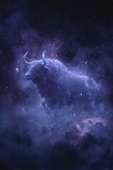 Fototapeta premium Space universe exploration, fantasy. A vivid depiction of a cosmic scene features a majestic bull in the foreground against a backdrop of a vast expanse of stars and nebulae.
