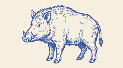 Obraz premium Vintage hand-drawn wild boar engraving sketch featuring a powerful feral pig in a natural woodland forest habitat, artistic animal portrait for hunting and nature design.