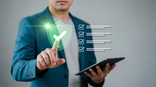 Businessman interacting with a digital interface showing a green shield icon with a checkmark and a checklist, representing security and compliance