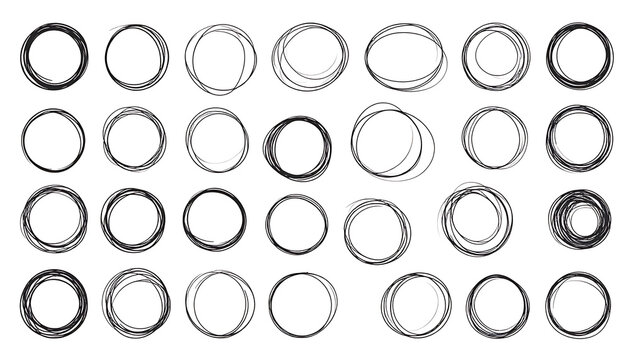 Collection of distressed circular borders and frames, grunge textures, abstract rustic elements, isolated on white