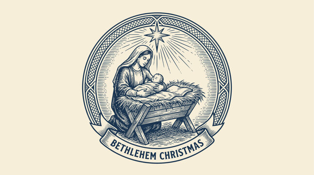 Vintage Engraving Vector Illustration of Blessed Virgin Mary and Newborn Baby Jesus Christ Resting in a Bethlehem Manger, Circular Christmas Emblem Design for Print or Religious Tattoo Art.