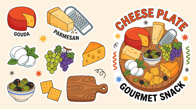 Funky retro cartoon illustration of a gourmet cheese platter featuring mozzarella gouda parmesan with grapes and olives in a whimsical doodle style for a colorful snack food board.
