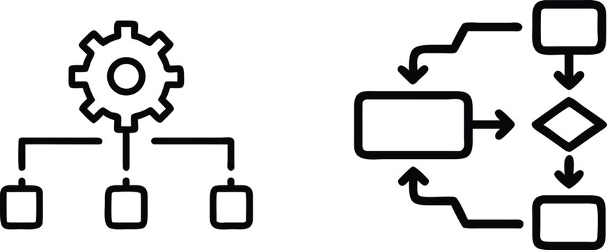 Business process automation icons showing gear system hierarchy and flowchart diagram with decision nodes representing corporate operational efficiency.