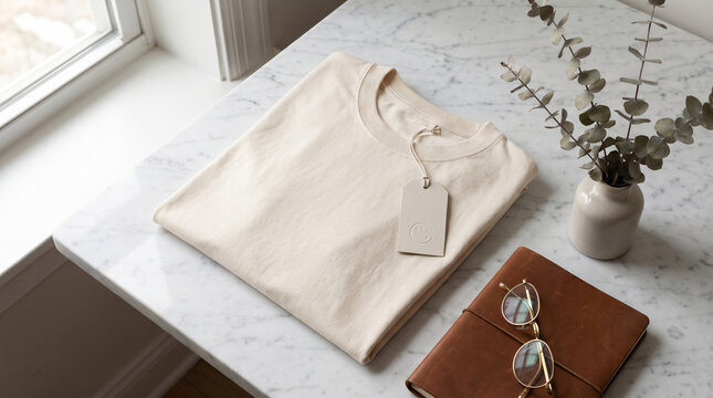 Minimalist folded cream cotton t-shirt mockup with blank label tag on marble surface next to leather notebook and glasses in bright natural light