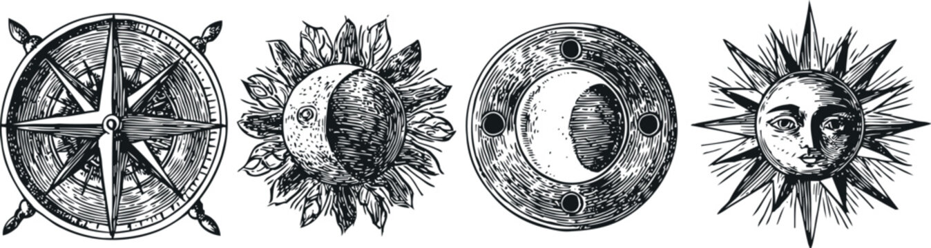 vintage celestial illustrations compass moon phases sun ornament black ink drawing