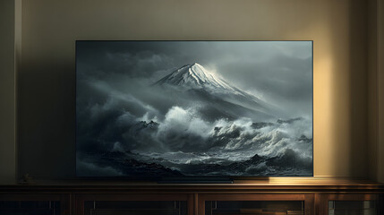 Fototapeta premium Modern thin bezel television displaying digital art of japanese mountain and ocean waves in dim room.