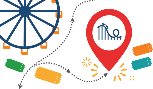 Ferris wheel and roller coaster icons mark a recreational destination on a navigation map.