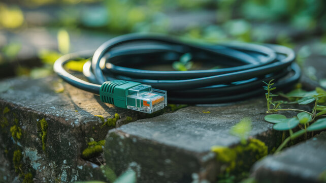 Black ethernet cable connector coiled on old mossy bricks in a lush garden setting