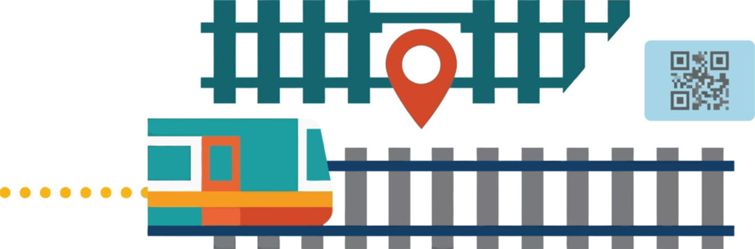 Train travels along railway tracks toward a red location pin with a digital QR code nearby.