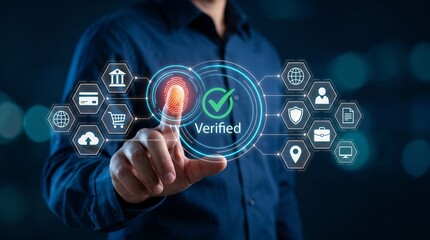 Fototapeta premium Digital fingerprint verification, biometric security, and identity authentication concept a person touching a virtual interface with a verified checkmark