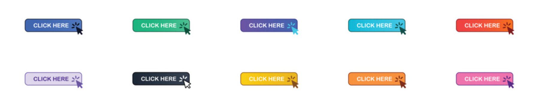 Modern Click Here Button Collection with Cursor Pointer Icons Set, Colorful Web CTA Buttons, User Interface Elements Vector Pack
