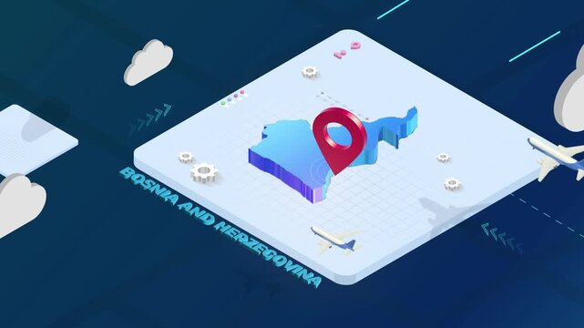 Isometric 3D Render of Bosnia And Herzegovina Map with Red Location Pin Pointer and Floating Airplanes