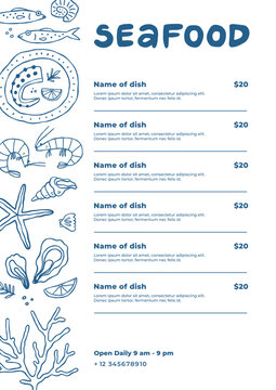 Seafood restaurant menu template. 