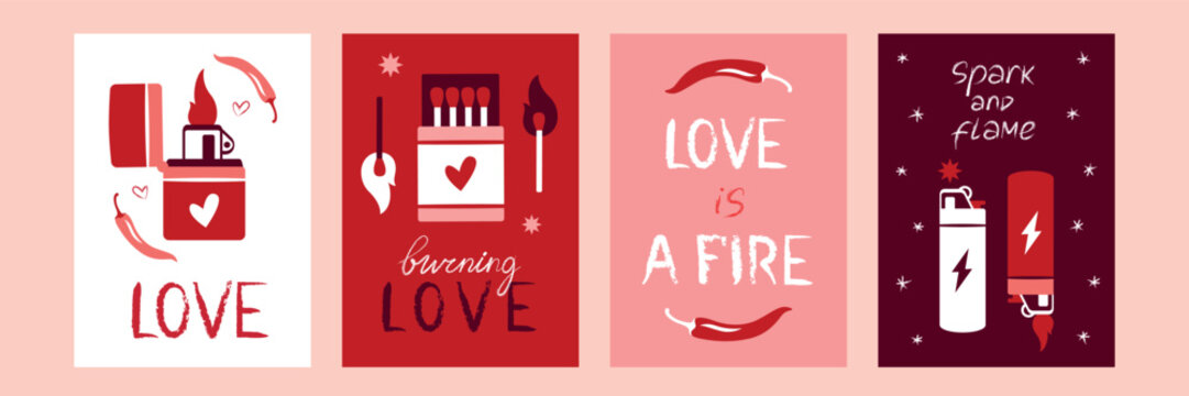 Set of vector love cards with lovely elements and hand-drawn lettering for any design. Matches, flame, lighters and sparks. Love posters.