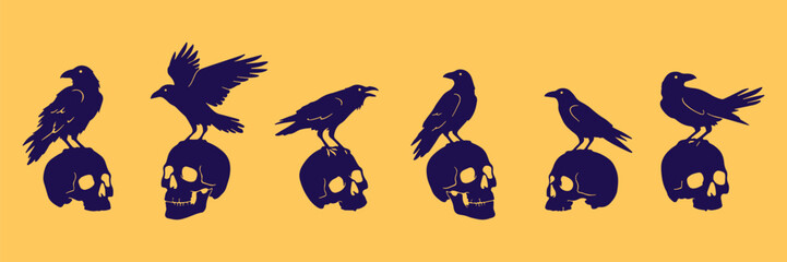 Obraz premium Black ravens sitting on human skulls vector illustration