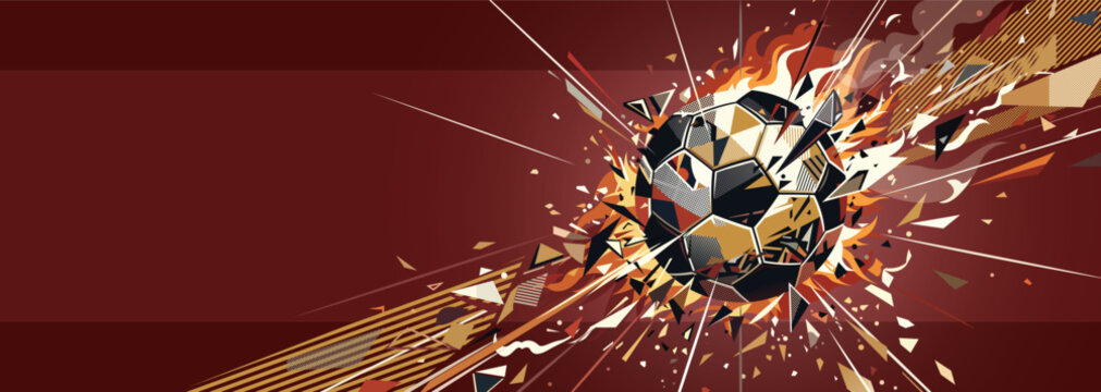 Abstract geometric soccer ball exploded and burst into flames with red background banner template have blank space.