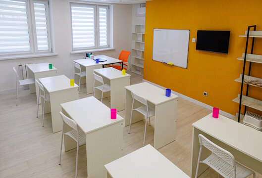 Modern classroom interior in a children&rsquo;s educational center, ready for learning and development.