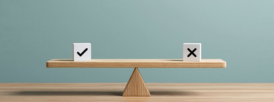 Wooden balance scale with check and cross cubes on serene background