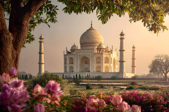 Taj Mahal Framed by Blooming Garden and Tree Branches at Golden Hour