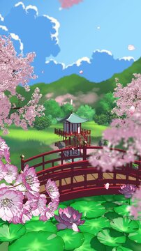 Japanese Garden with Sakura and Red Bridge &ndash; Spring Pond Loop vertical 4K