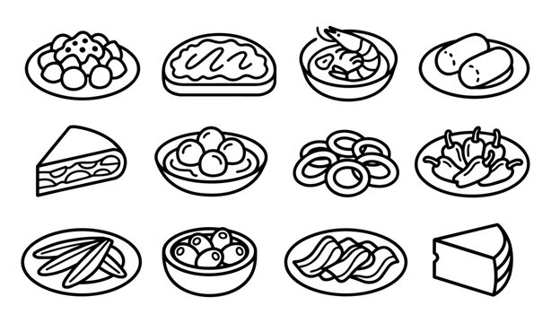 Classic Spanish Tapas Line Art Icon Set