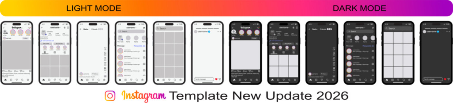 Instagram ui design template mockup 2026. Set of social media post, home, profile, reels, notification, search, and story. Social network mockup interface for smartphone screen in light and dark mode