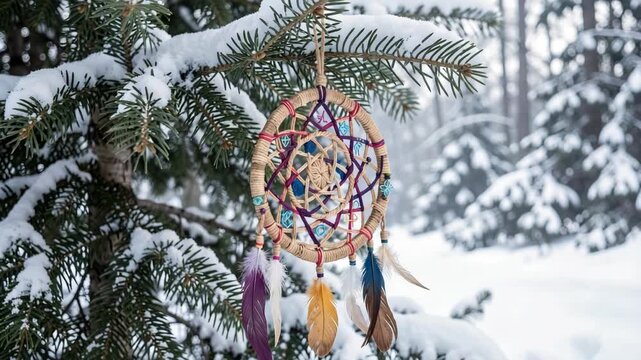 A traditional dreamcatcher with feathers and beads on a snowy pine branch.