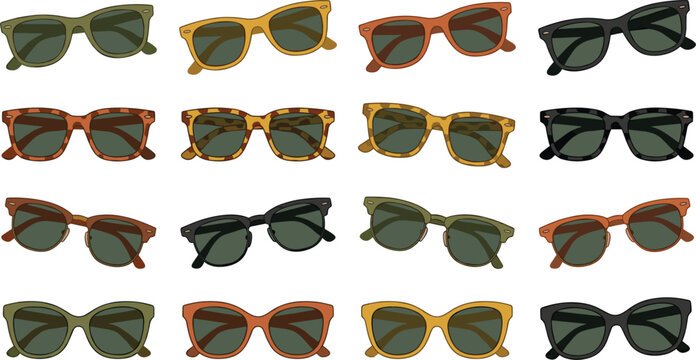 Vintage classic sunglasses vector icon collection featuring classic retro wayfarer clubmaster and tortoise shell pattern frames in earthy tones isolated on white background