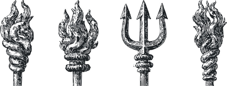 vintage engraving set of ancient flaming torches and trident spear tools