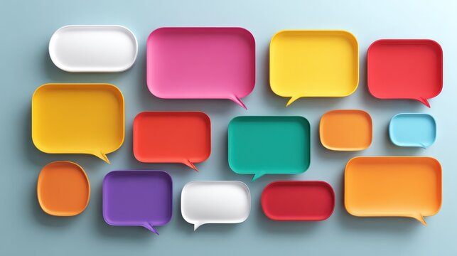 Colorful square speech bubbles arrayed against textured background