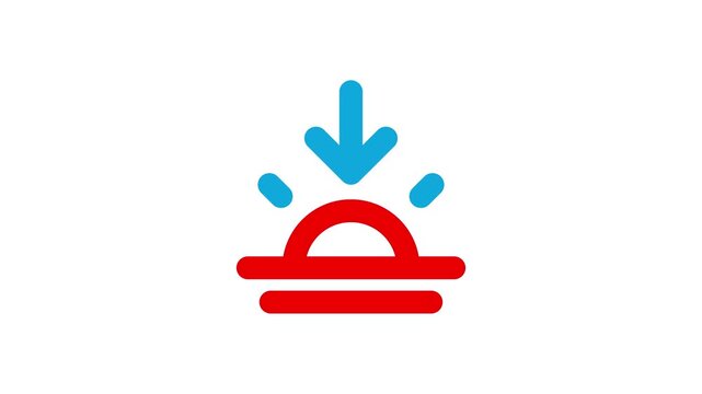 A blue arrow points downwards onto a red half-circle symbol with lines on a white background.