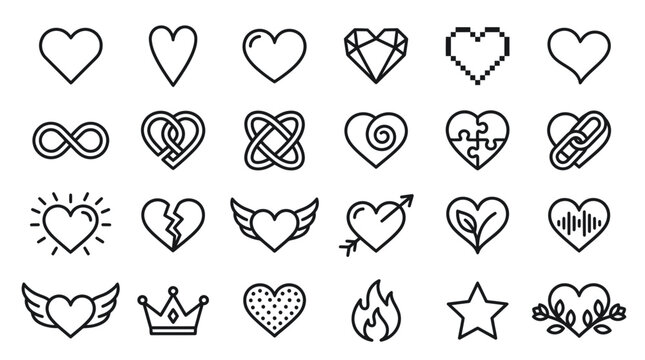 Minimalist heart icons set with romantic symbols and love elements