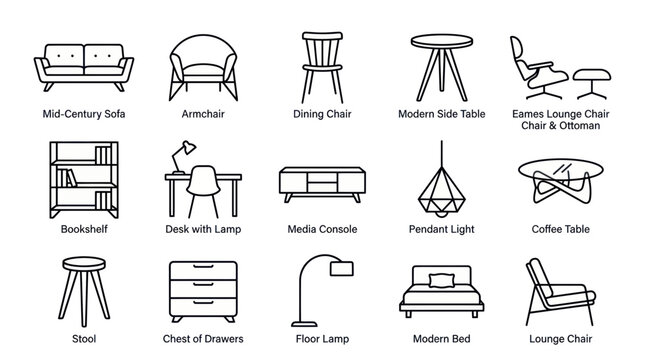Minimalist mid century modern furniture linear icon set