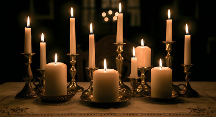 Naklejka premium Colorful lego candle holders with lit candles on a table at night