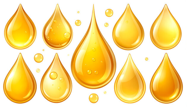 Collection of golden oil drops with small bubbles, liquid essence, viscous fluid elements, shiny amber textures