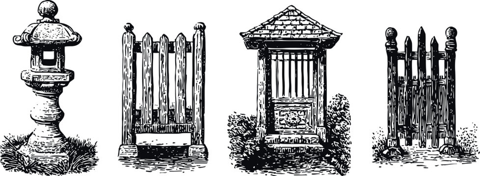 traditional japanese garden elements engraving set stone lantern wooden gates textured line art