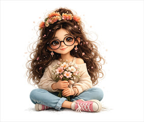 Naklejka premium A sweet girl with long curly hair and round glasses sits holding a bouquet of flowers