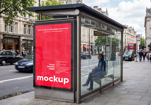 Bus Shelter Billboard Mockup on City Street