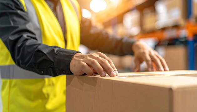 Close-up photo of a male warehouse worker wearing a yellow reflective safety vest (high-visibility vest) and black shirt, placing his hand on a large cardboard box. Background bl