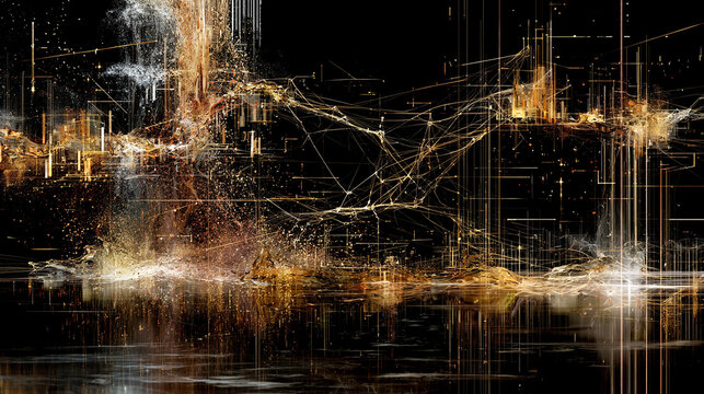 A Complex Visualization of Financial Data Represented as a Glowing Golden Network