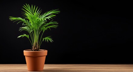 Fototapeta premium A vibrant green miniature tropical palm tree growing robustly in a simple brown clay pot, symbolizing growth and indoor gardening, foliage, pot, miniature