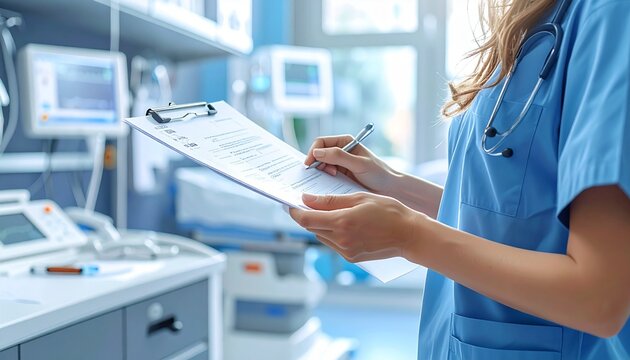 medical professional, such as a nurse or doctor, wearing blue scrubs and a stethoscope, is writing a medical note on a clipboard in a healthcare facility or home setting female doctor with clipboard