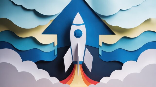 Rocket Launching Through Clouds with Bold Blue Fins and Red Orange Flame, Creating a Futuristic Space Travel Concept