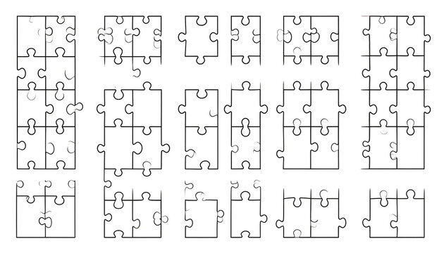 Collection of jigsaw puzzle pieces in various states of completion, scattered on a white background, symbolizing problem-solving and strategy